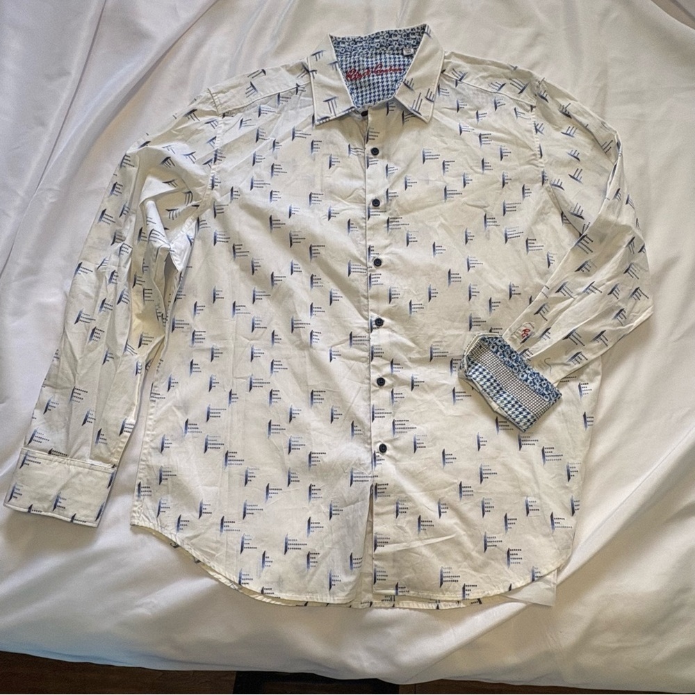 Robert Graham Men’s 2XL Cotton White and Blue Casual Button Down Shirt